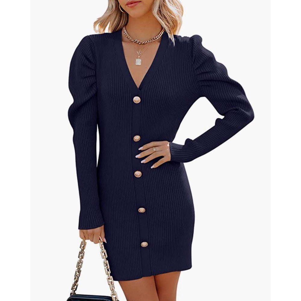 Navy Blue Ribbed Knit Button V-Neck Long Sleeve Bodycon Mini Sweater Dress - Picture 6 of 7